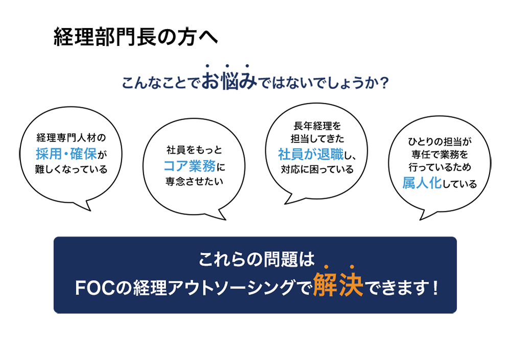 経理部門長の方へ こんなことでお悩みではないでしょうか？ 経理専門人材の採用・確保が難しくなっている 社員をもっとコア業務に専念させたい 長年経理を担当してきた社員が退職し、対応に困っている ひとりの担当が専任で業務を行っているため属人化している これらの問題はFOCの経理アウトソーシングで解決できます！